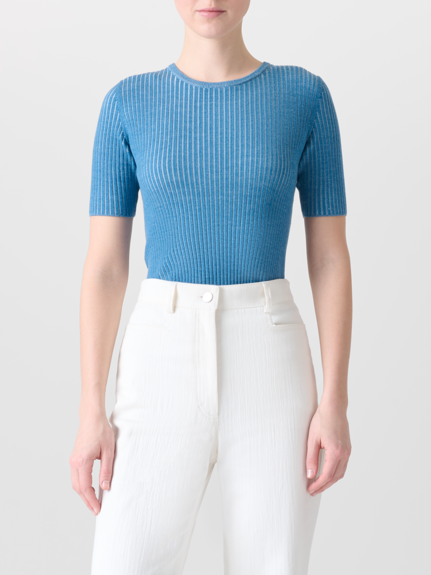 Designer Kurzärmeliges Strickshirt aus Merinowolle - Blau 