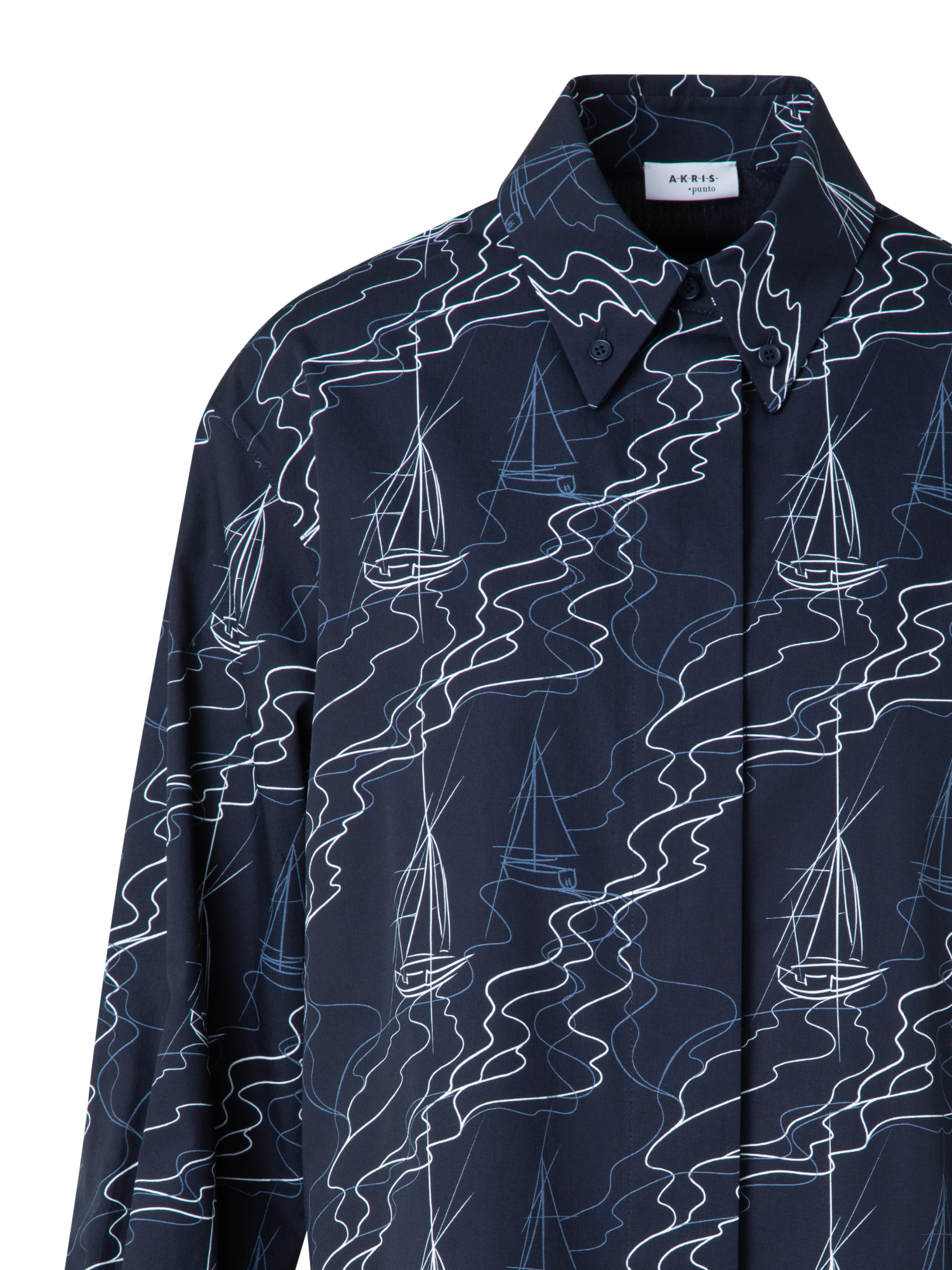 Designer Boxy Bluse in Baumwolle mit Sailboat Druck - Dunkelblau - Blau - Bunt