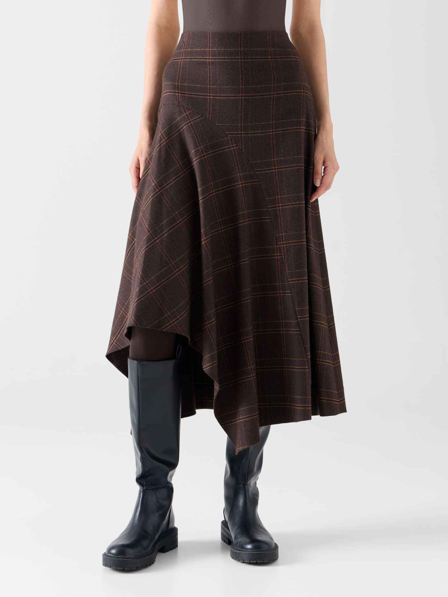 Designer Karierter Midirock aus Flanell mit Zipfelsaum - Braun 