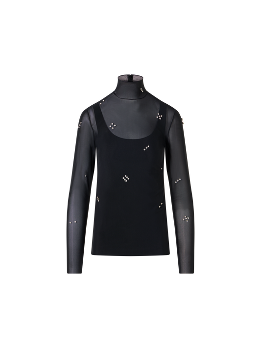 Designer Tüllbluse mit Diamond Dice Dot Verzierung - Schwarz