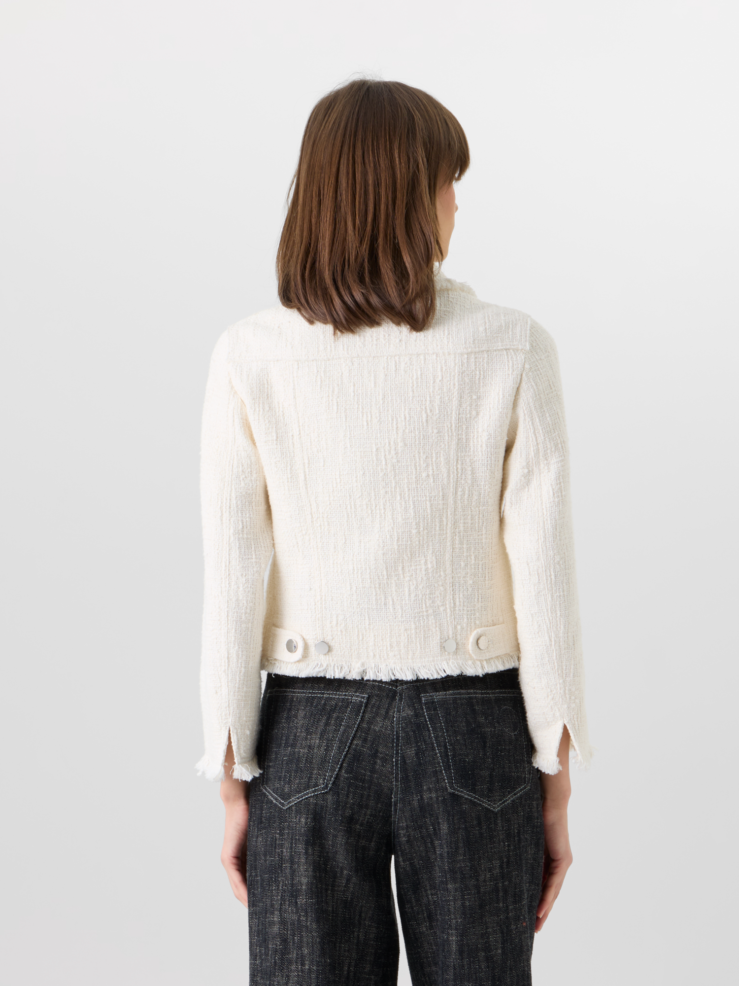 Designer Langärmelige Kurzjacke aus Baumwoll-Tweed-Mischgewebe - Ecru 