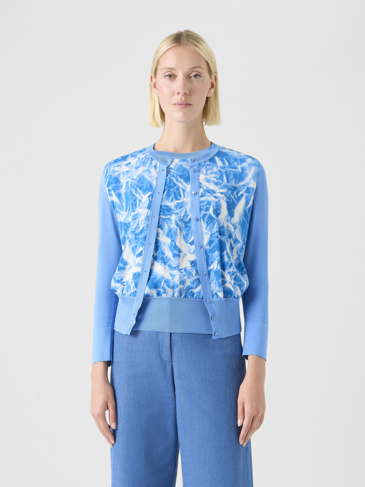 Designer Seiden-Cardigan mit Whitecaps-Print - Blau #editorial