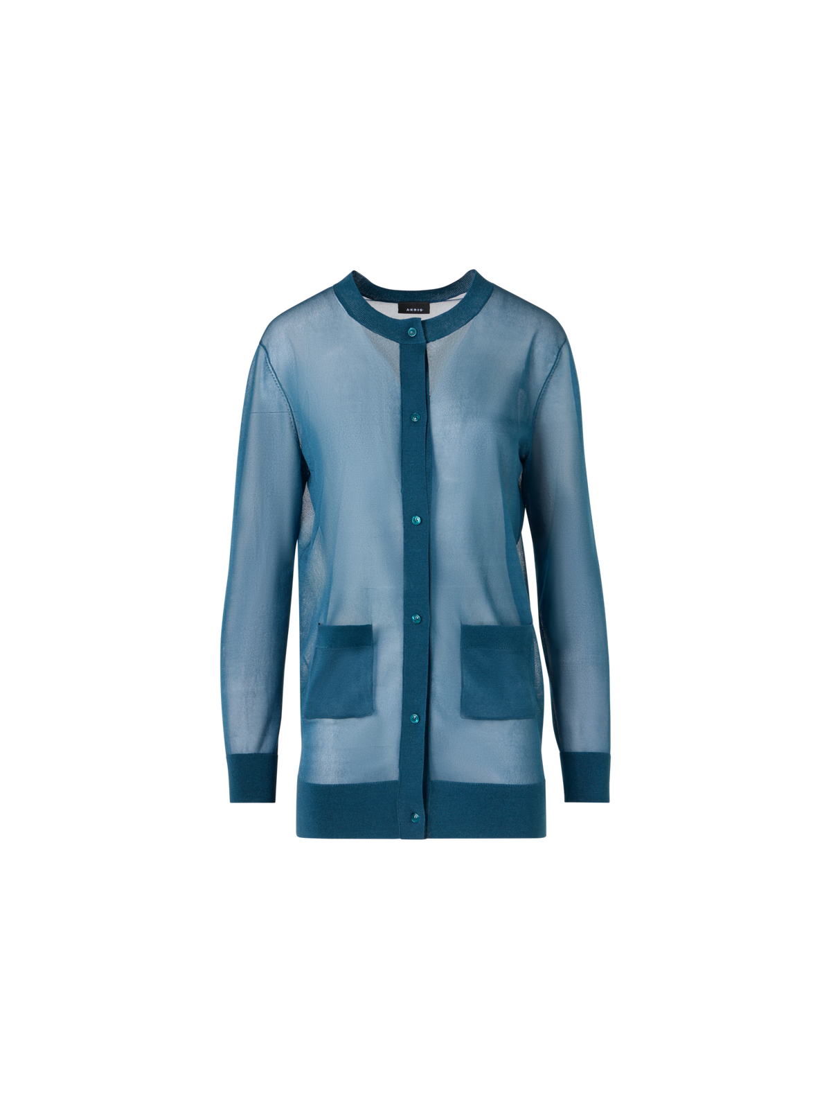 Designer Langärmelige, lange Strickjacke aus transparentem Seidenstrick - Blau