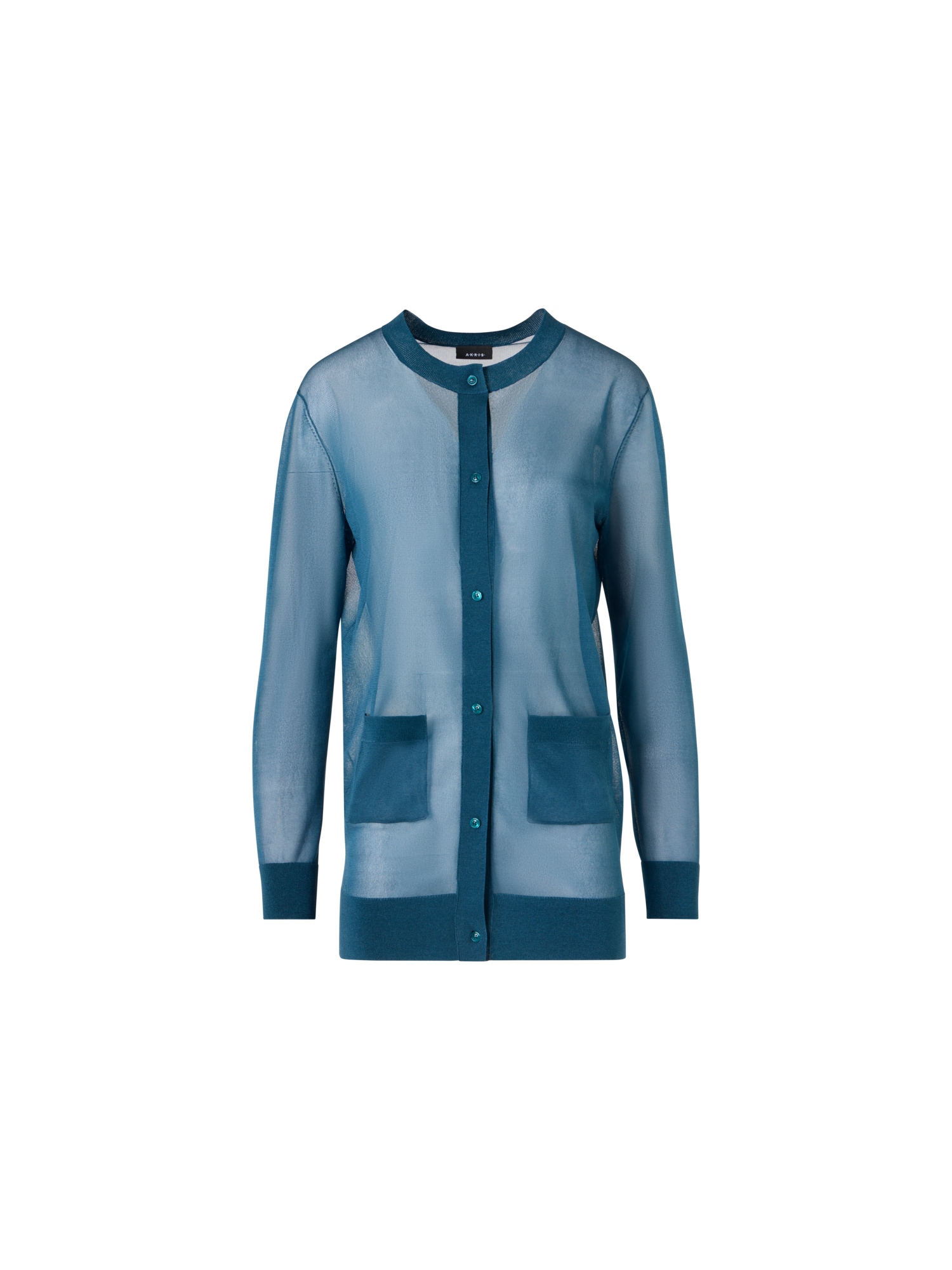 Designer Langärmelige, lange Strickjacke aus transparentem Seidenstrick - Blau