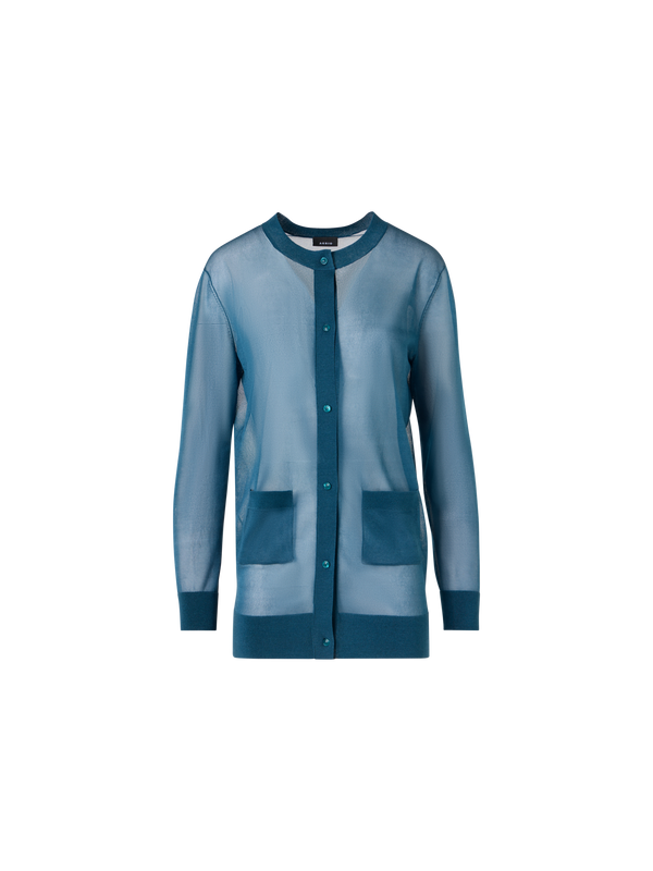Designer Langärmelige, lange Strickjacke aus transparentem Seidenstrick - Blau