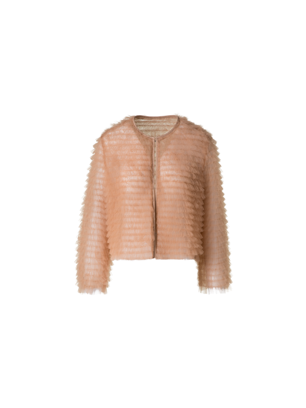 Designer Kurze Tülljacke mit Allover Rüschen - Beige