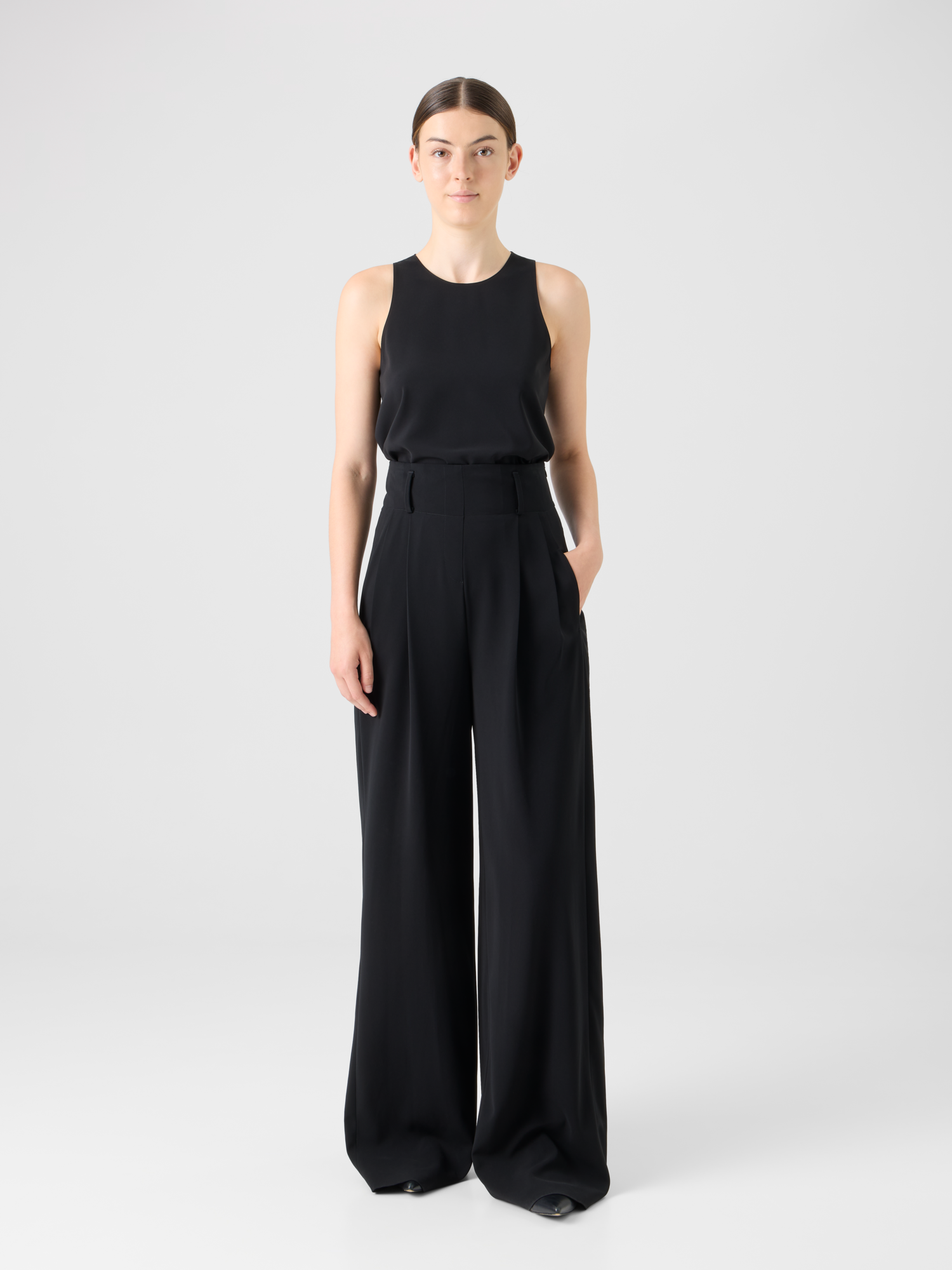 Designer Weite Lasercut-Crêpe-Hose mit hoher Taille - Schwarz 