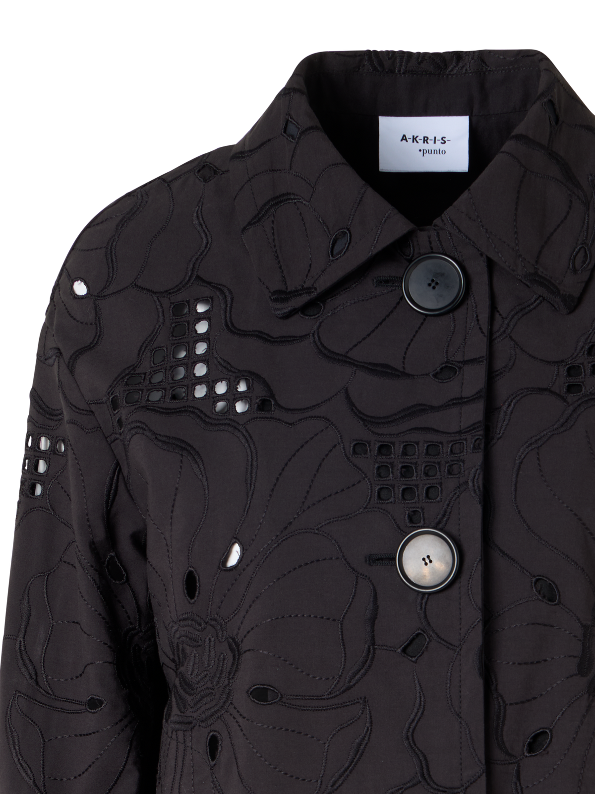 Designer Langärmelige Jacke mit Blumen-Lochstickerei - Schwarz
