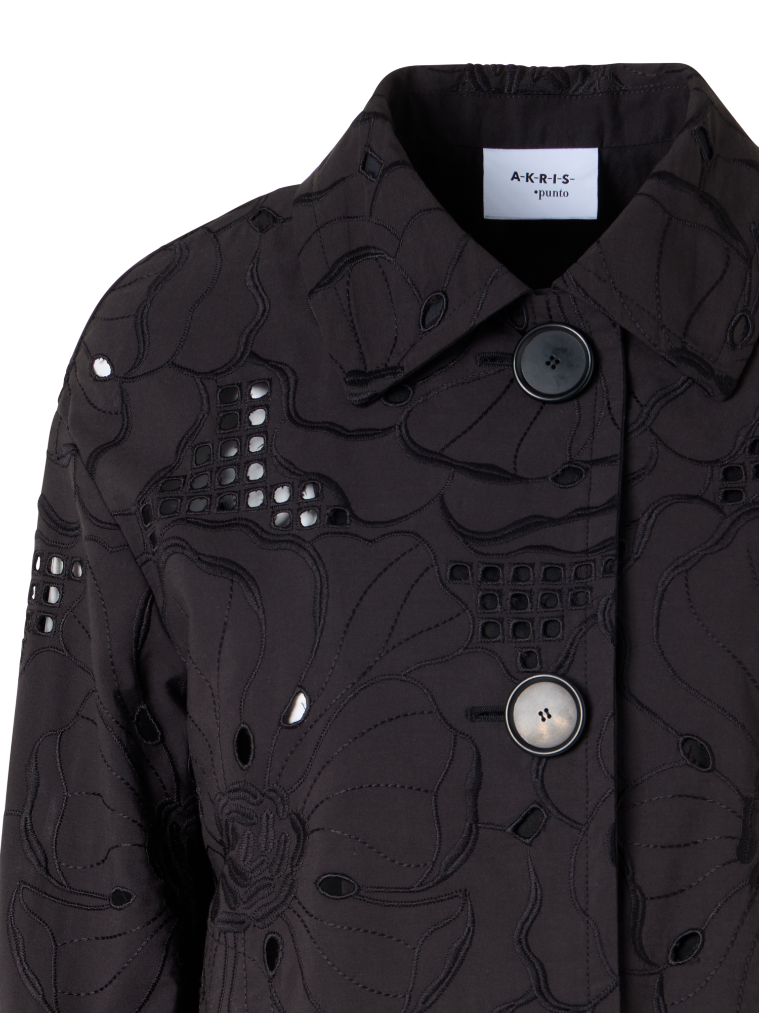 Designer Langärmelige Jacke mit Blumen-Lochstickerei - Schwarz