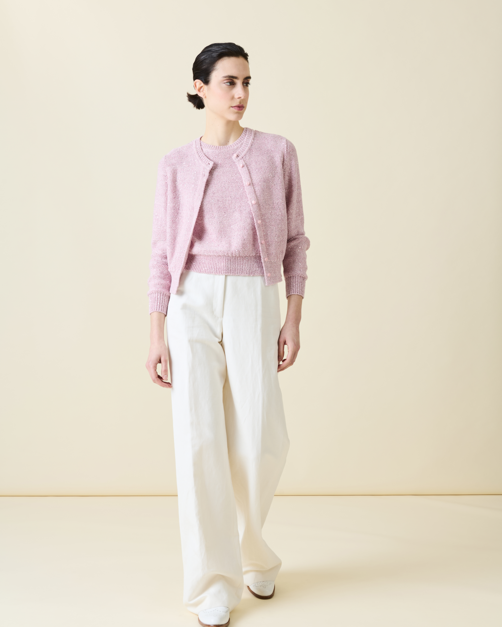 Designer Leinen-Baumwoll-Strick-Top mit Mikro-Pailletten - Rosa 