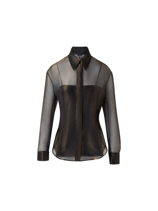 Designer Organza-Seidenbluse mit Goldschimmer - Schwarz - Gold