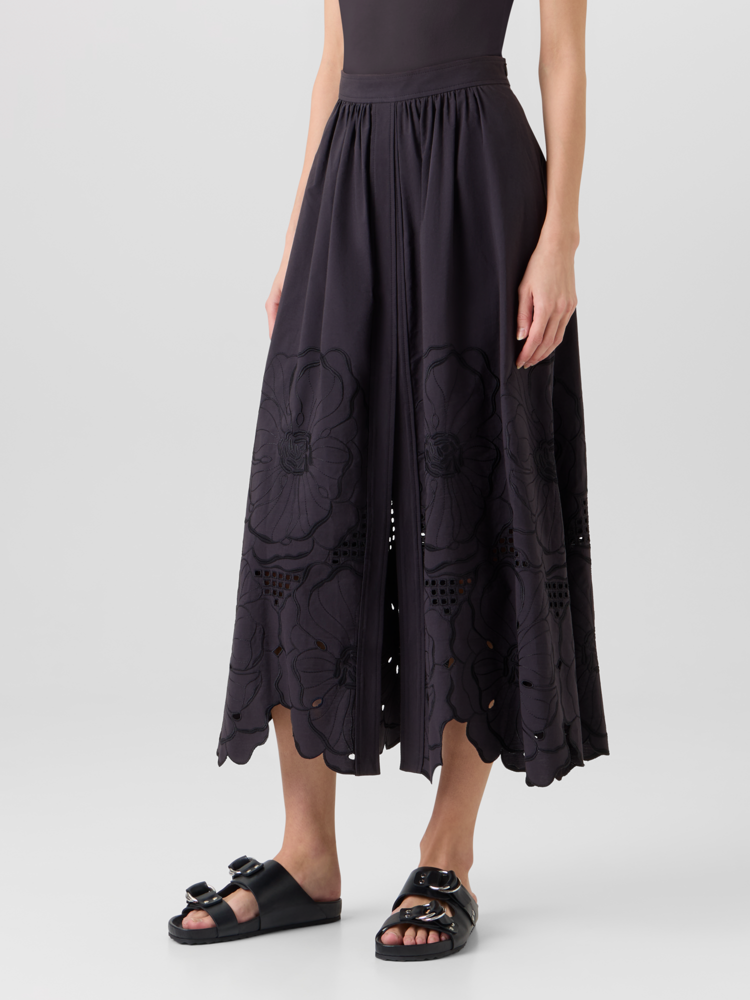 Designer Ausgestellter Midirock mit Blumen-Lochstickerei - Schwarz 