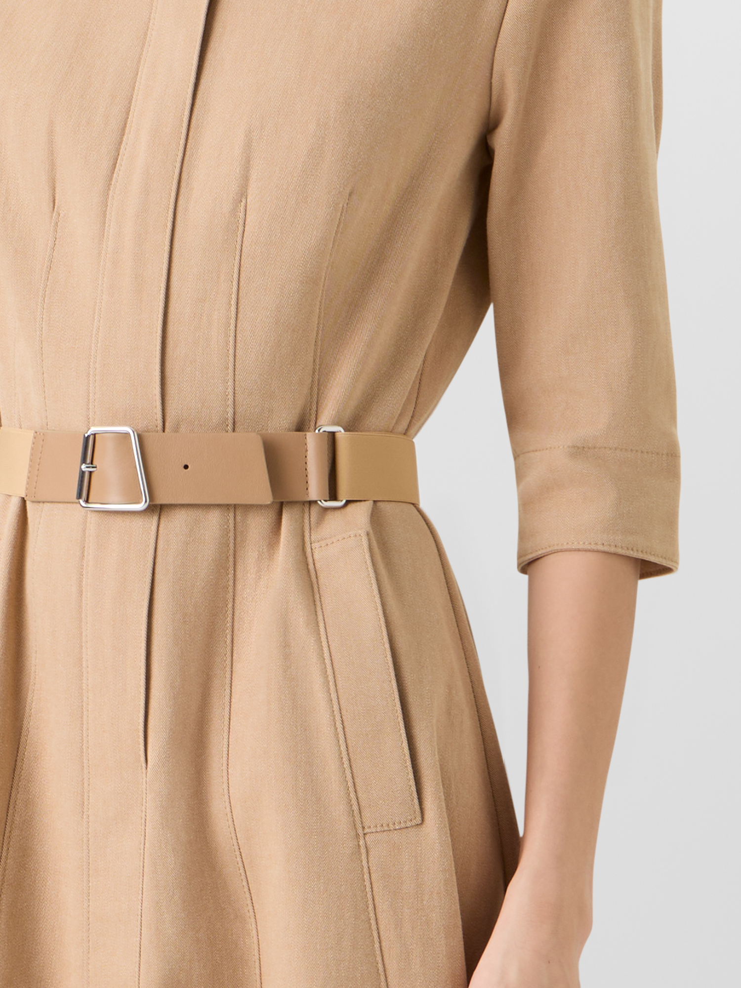 Designer A-Linien-Midikleid aus Baumwoll-Denim-Stretch - Beige 