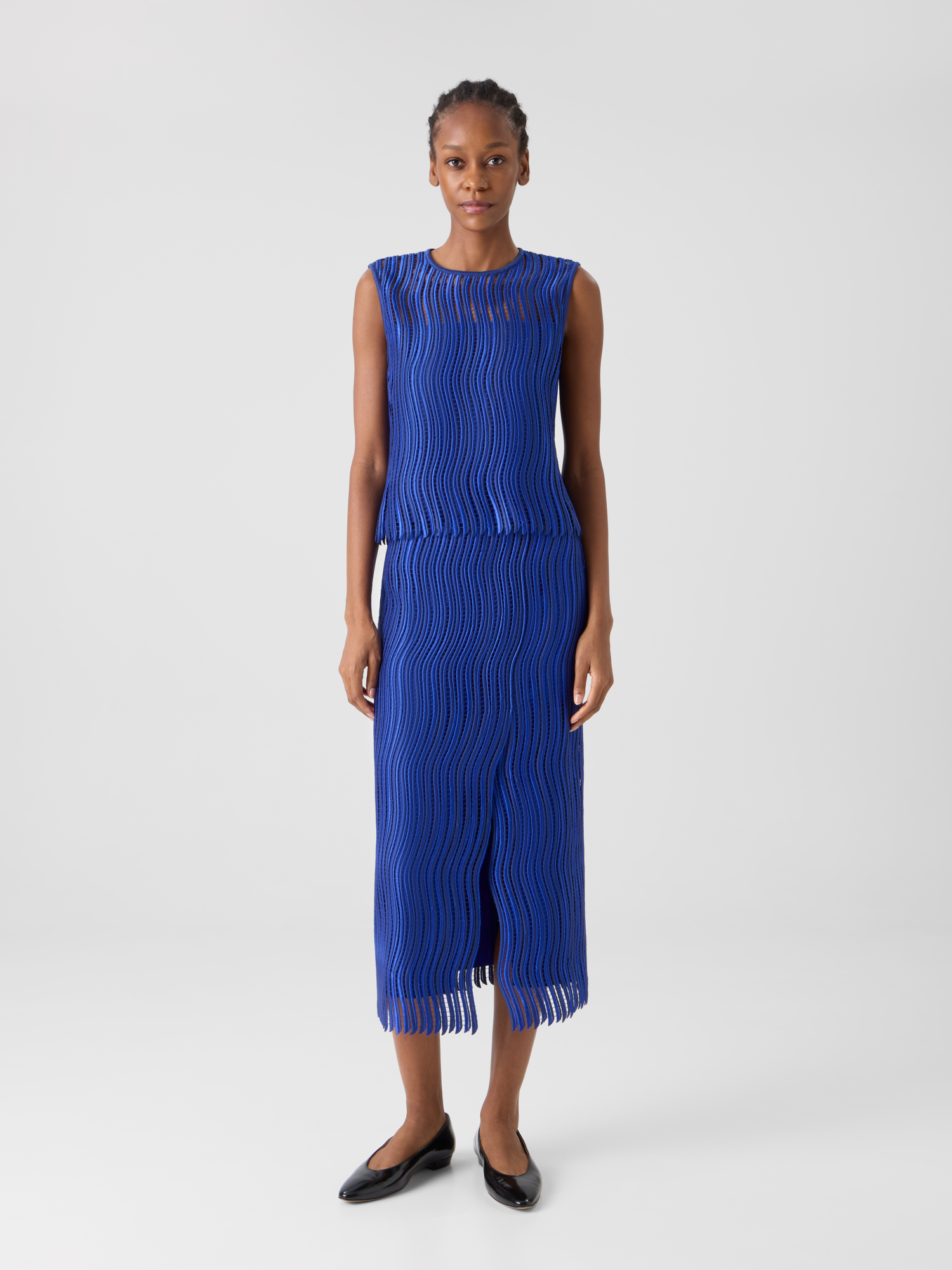 Designer Midi-Bleistiftrock aus Wave-Guipure - Blau 