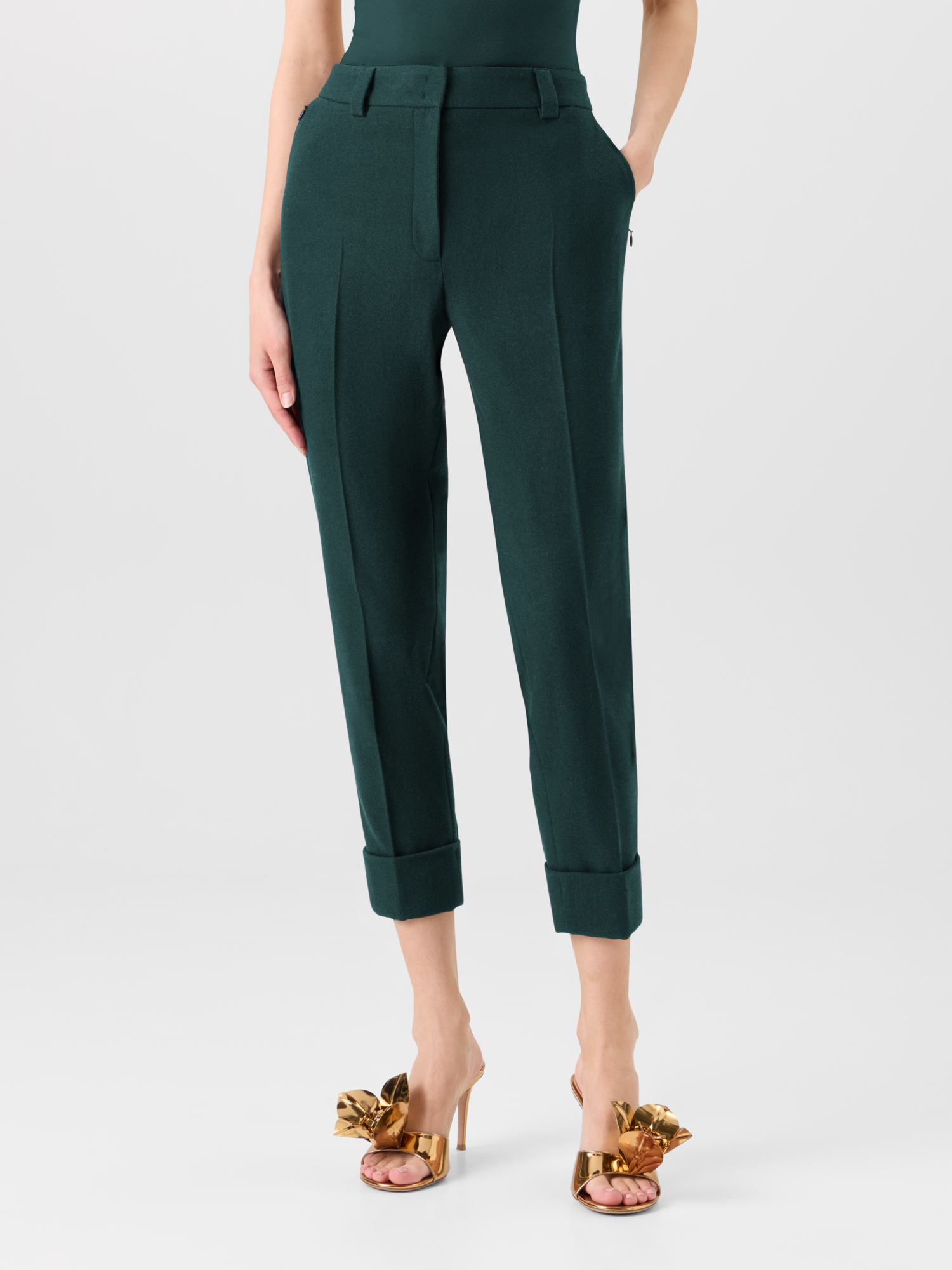 Designer Tapered Flanellhose mit Umschlag - Grün 