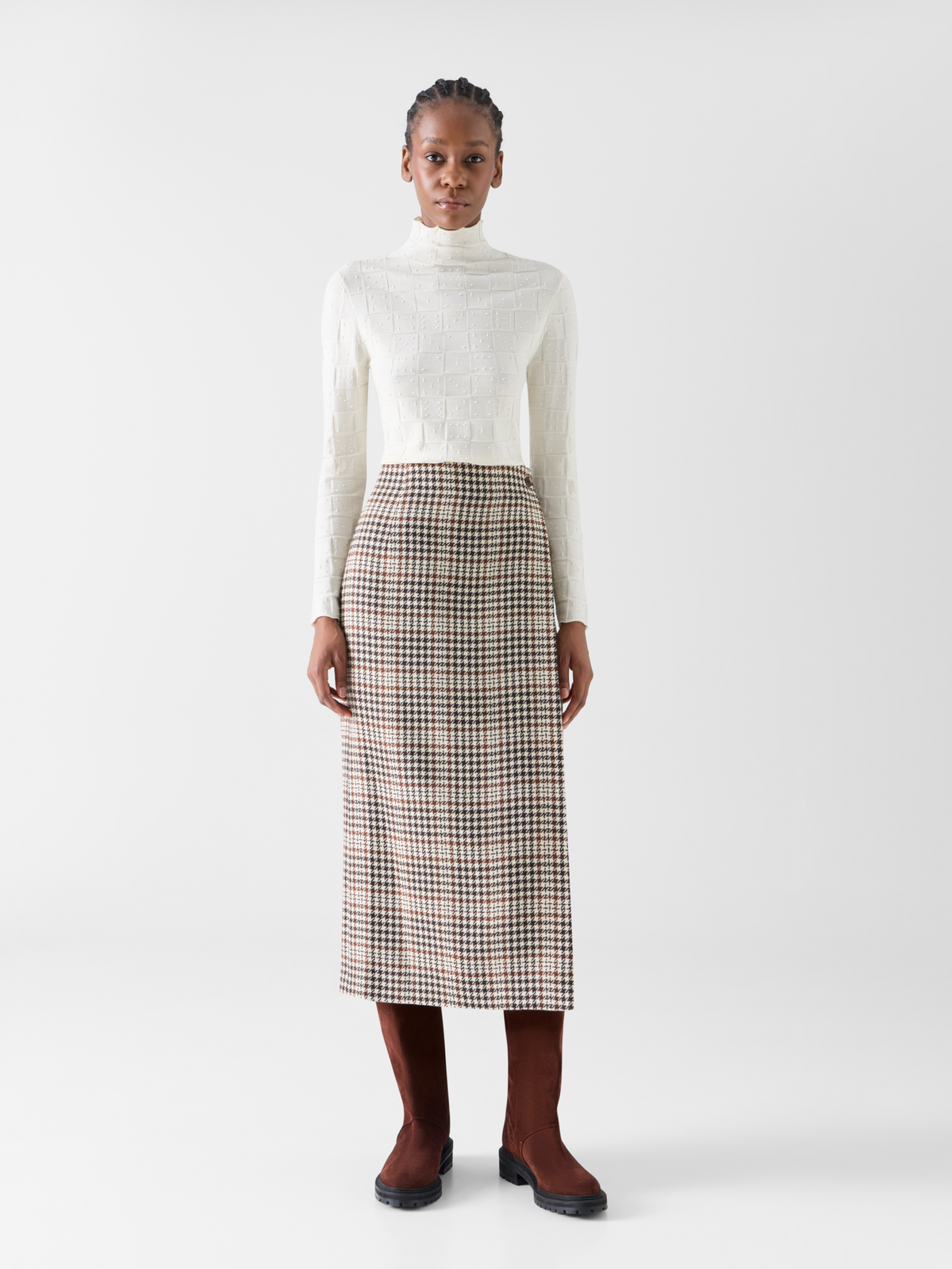 Designer Midi-Wickelrock aus kariertem Tweed - Braun - Ecru - Bunt 