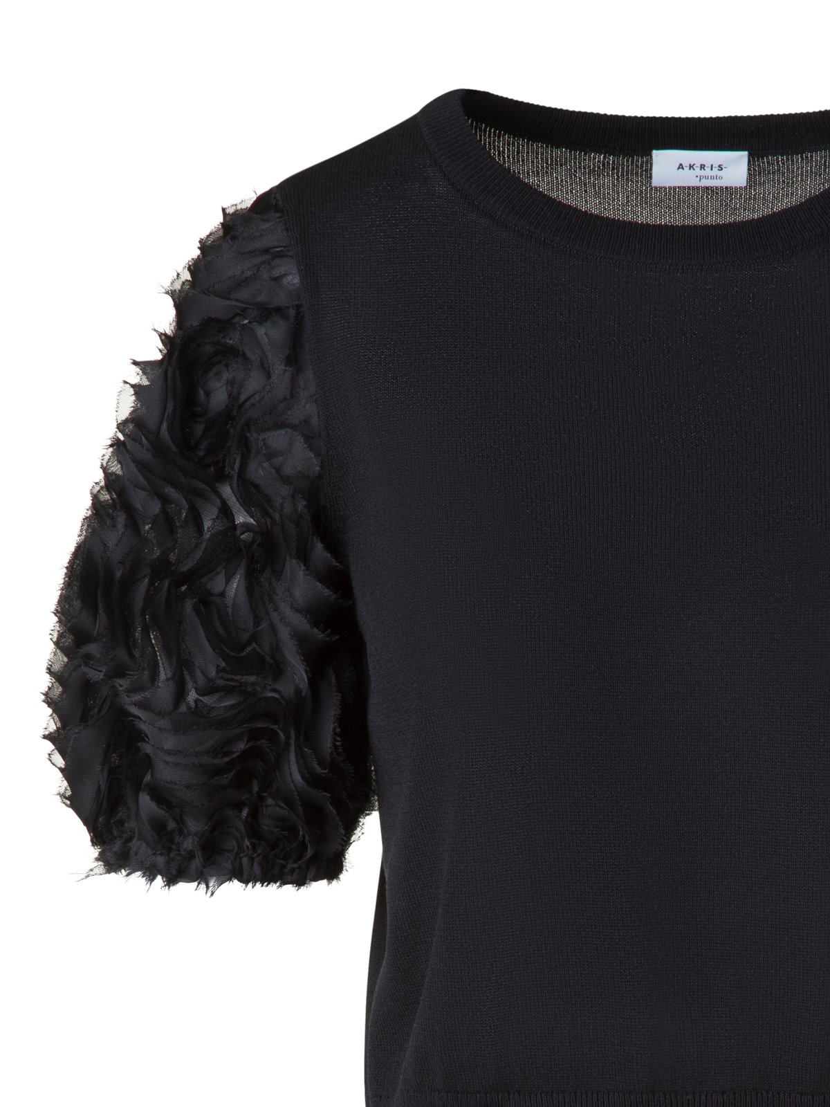 Designer Merino-Shirt mit bestickten 3D Carnation-Ärmel - Schwarz