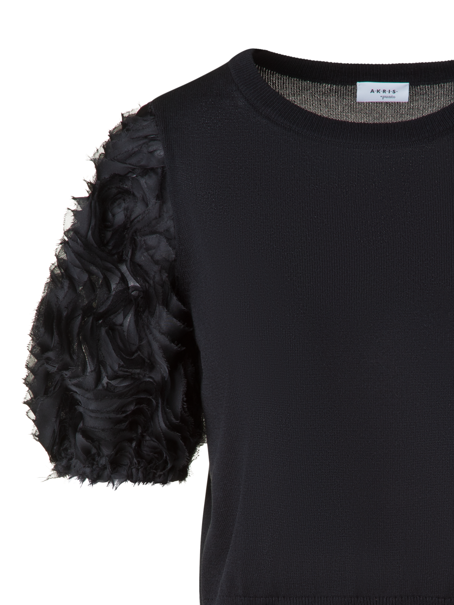 Designer Merino-Shirt mit bestickten 3D Carnation-Ärmel - Schwarz