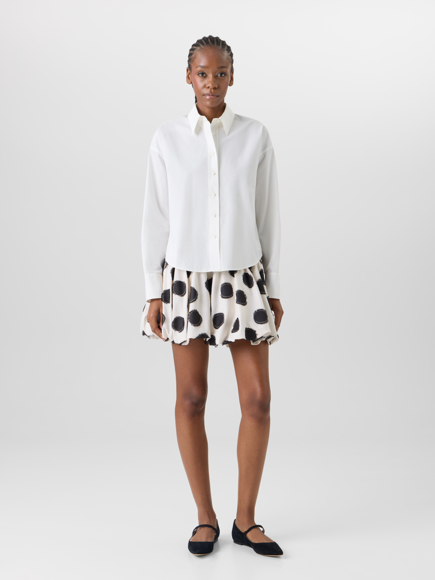 Designer Ausgestellter Minirock aus fransigem Punkte-Jacquard - Bunt - Weiss 