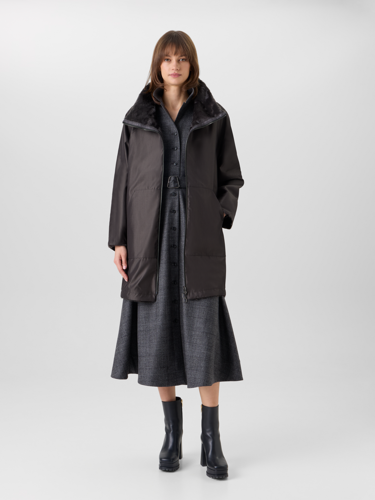 Designer Lamm-Shearling-Parka wendbar zu Seide - Grau 