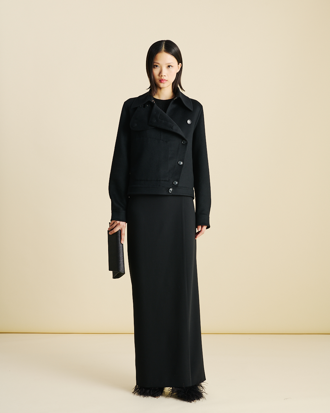 Designer Gerade Woll-Doubleface Hose mit Schürze - Schwarz #editorial