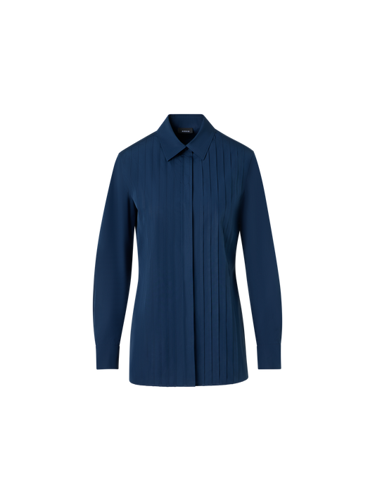 Designer Bluse aus Baumwollpopeline mit plissierter Vorderseite - Blau