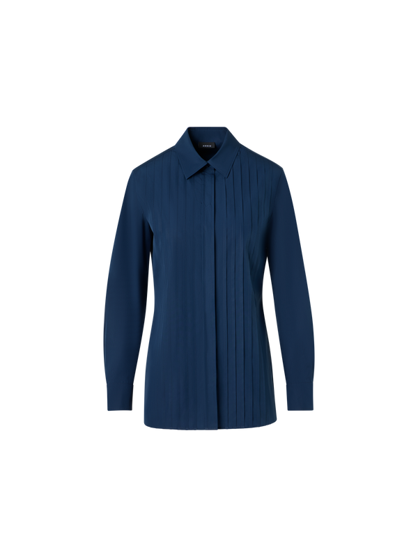 Designer Bluse aus Baumwollpopeline mit plissierter Vorderseite - Blau