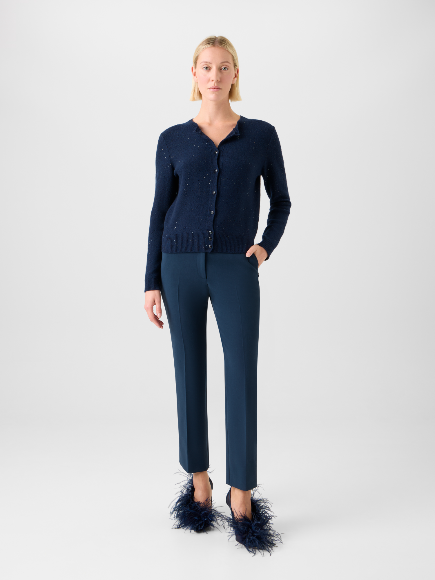 Designer Wolle Kaschmir Pailletten Strick Cardigan - Dunkelblau - Blau 