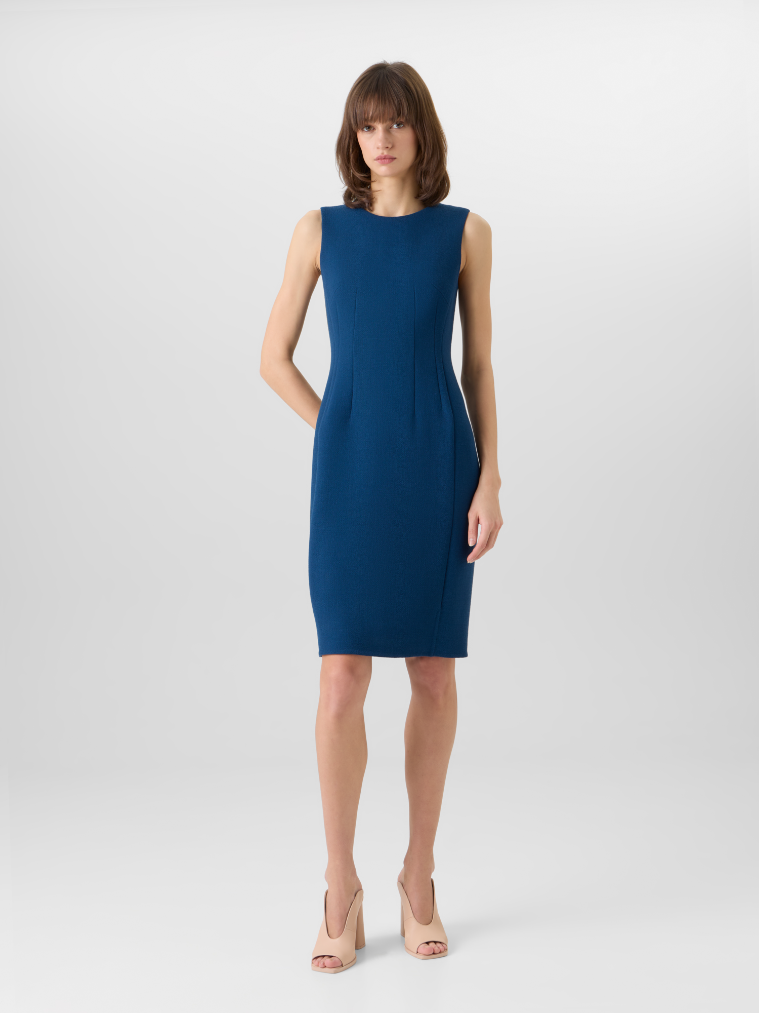 Designer Ärmelloses Etuikleid aus Wollkrepp-Doubleface - Blau 