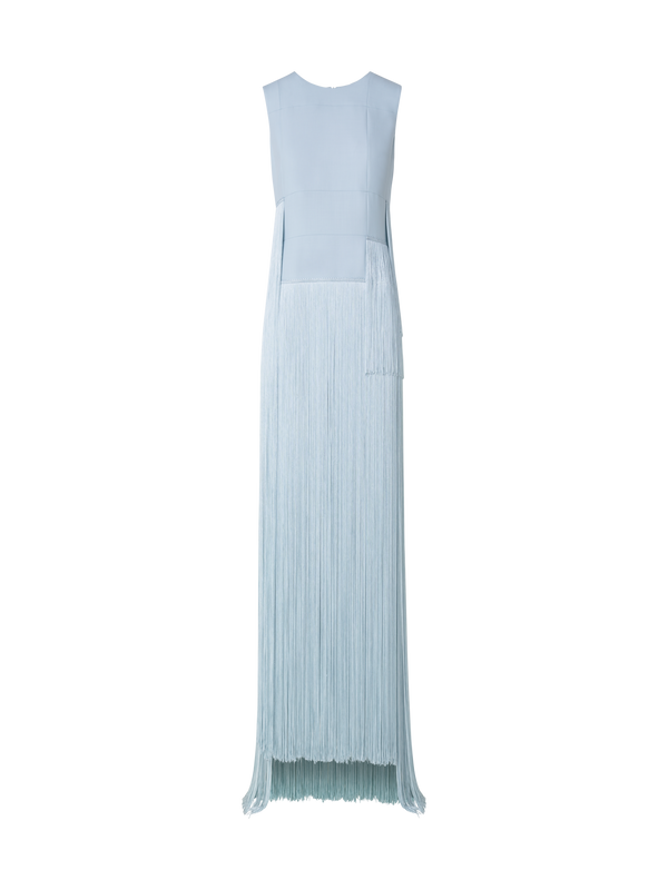 Designer Langes Seidenkleid mit asymmetrischen Fransen - Blau