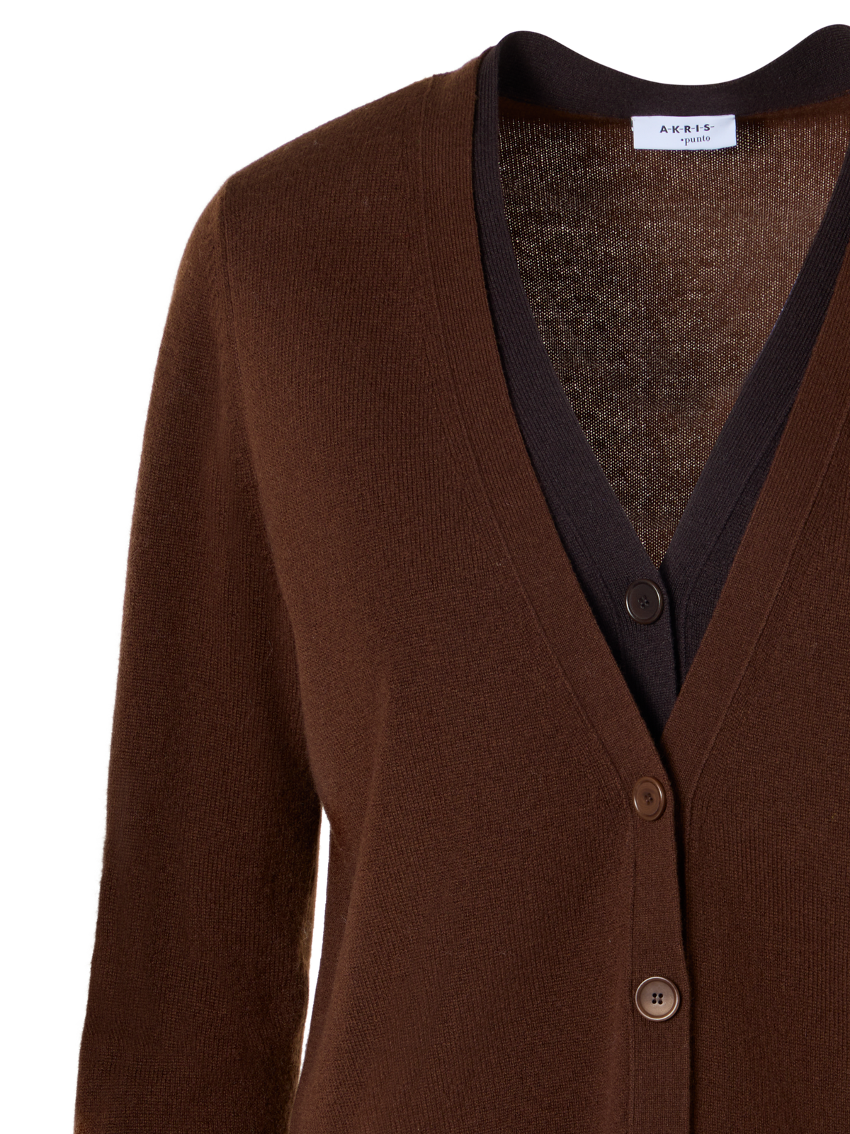 Designer Wolle-Kaschmir Cardigan mit Trompe-l'Oeil V-Einsatz - Braun