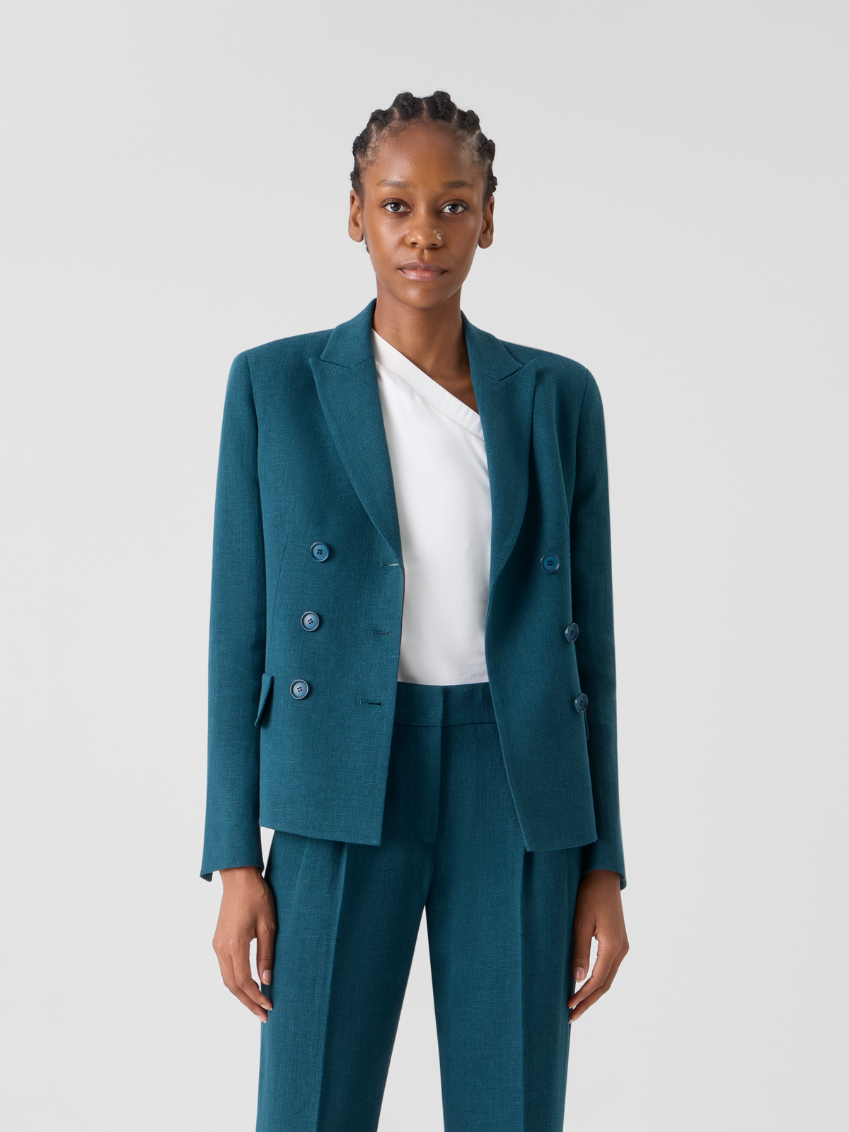Designer Hannah Taillierte Zweireiher-Jacke aus Leinen-Wolle - Grün