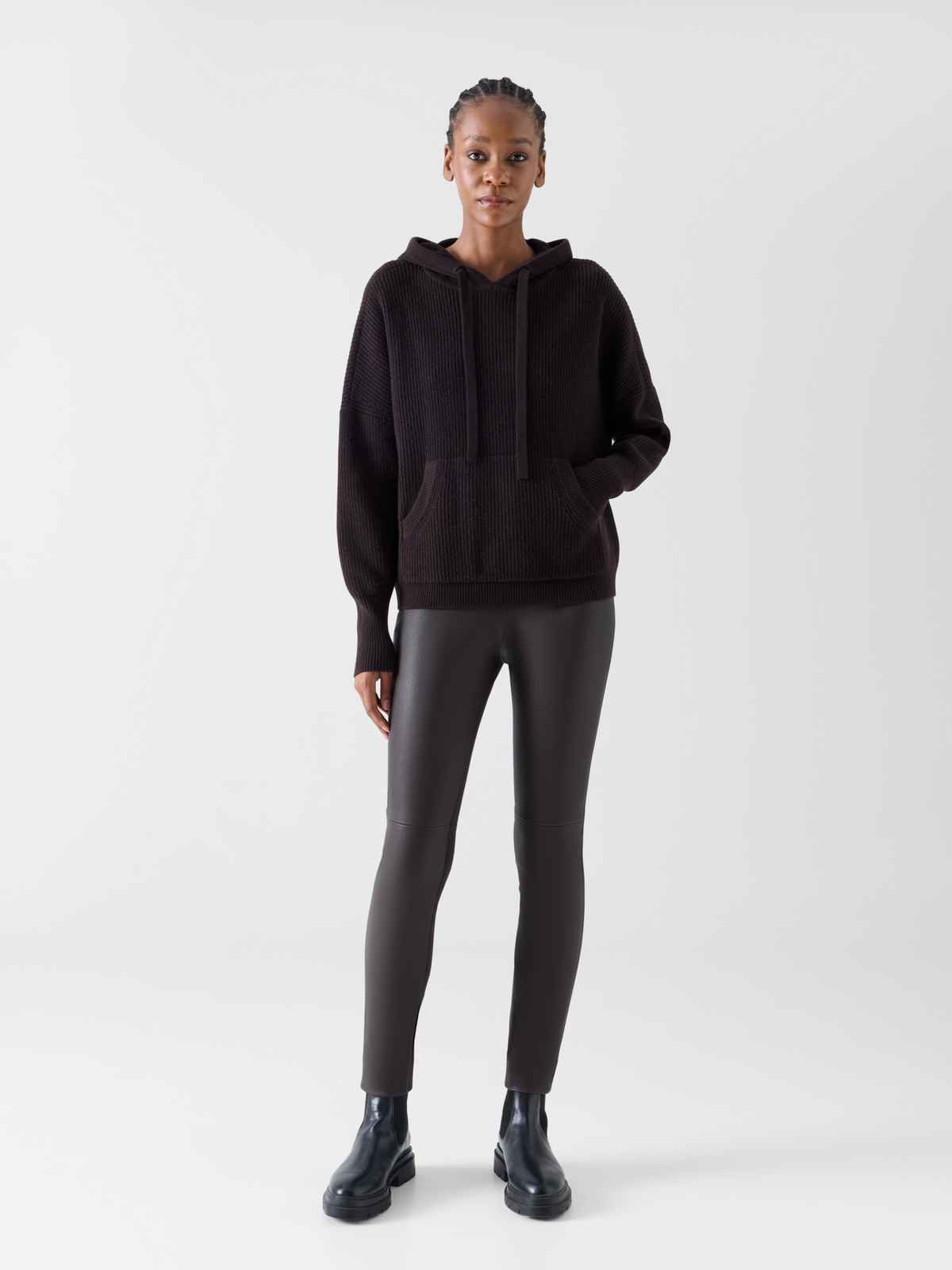 Designer Wolle-Kaschmir Hoodie mit Fronttasche - Braun 