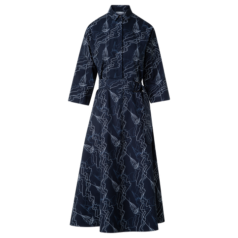 Midi Shirt Dress in Cotton with Sailboat Print