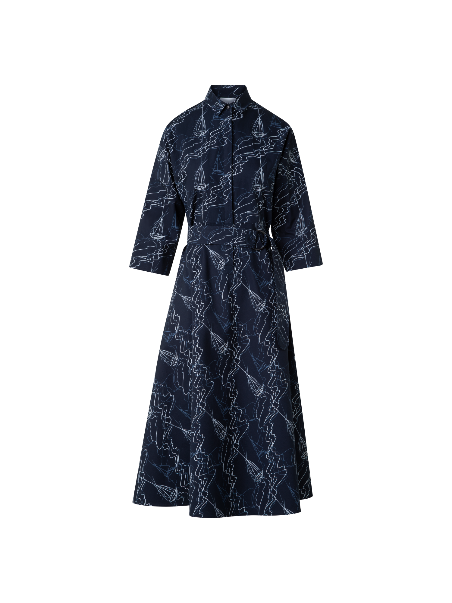 Designer Midi-Blusenkleid mit Sailboat Druck - Dunkelblau - Blau - Bunt