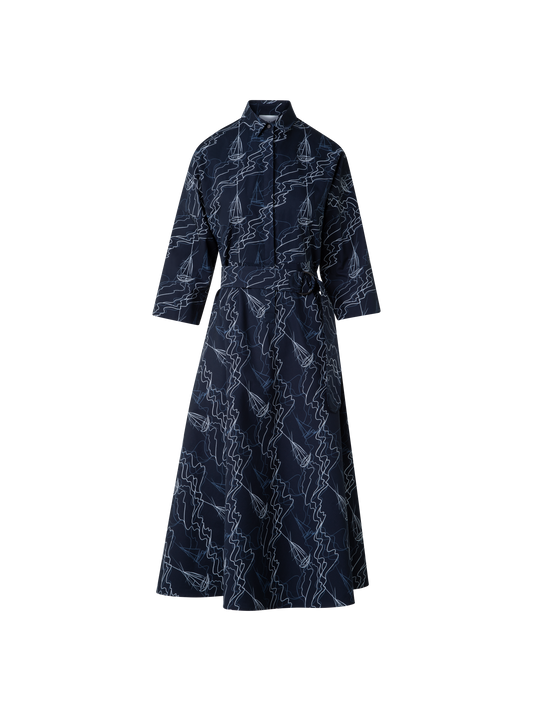 Designer Midi-Blusenkleid mit Sailboat Druck - Dunkelblau - Blau - Bunt