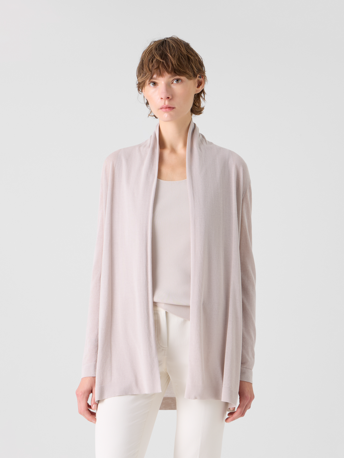 Designer Langer Cardigan aus Seidenbaumwolle mit Schalkragen - Beige #editorial