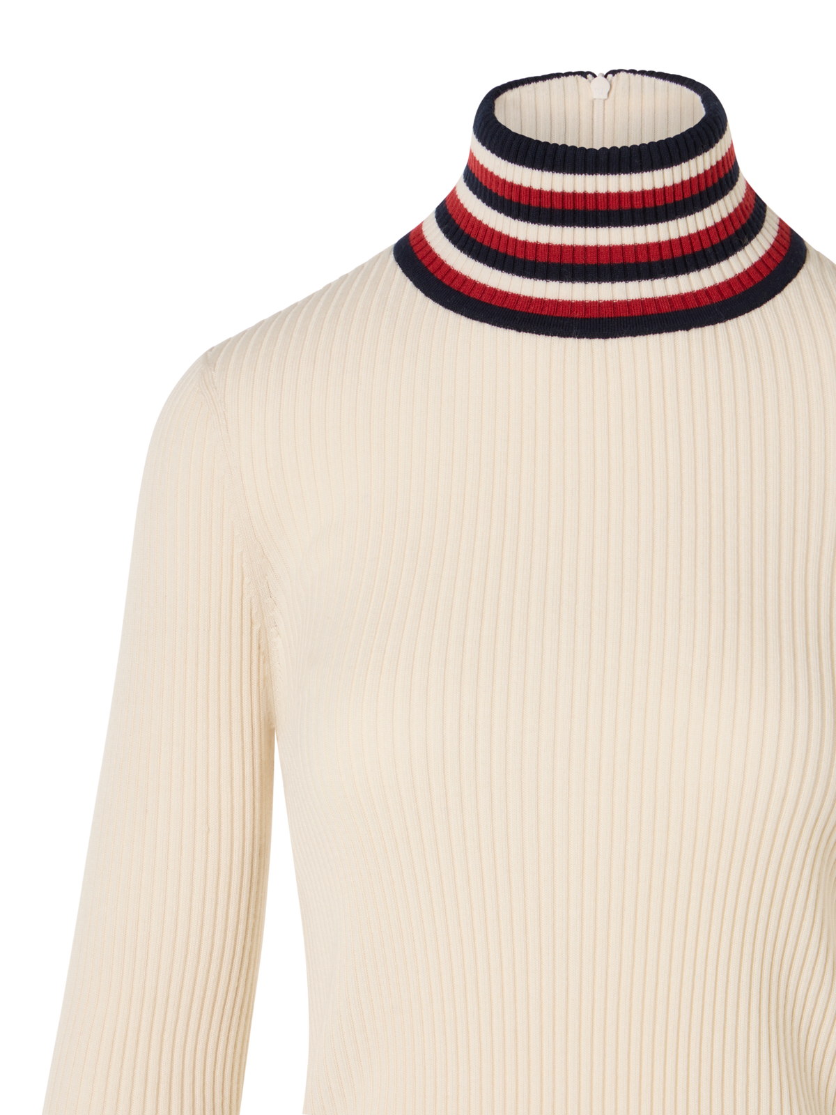 Designer Ripp-Pullover aus Wolle mit gestreiftem Kragen - Ecru