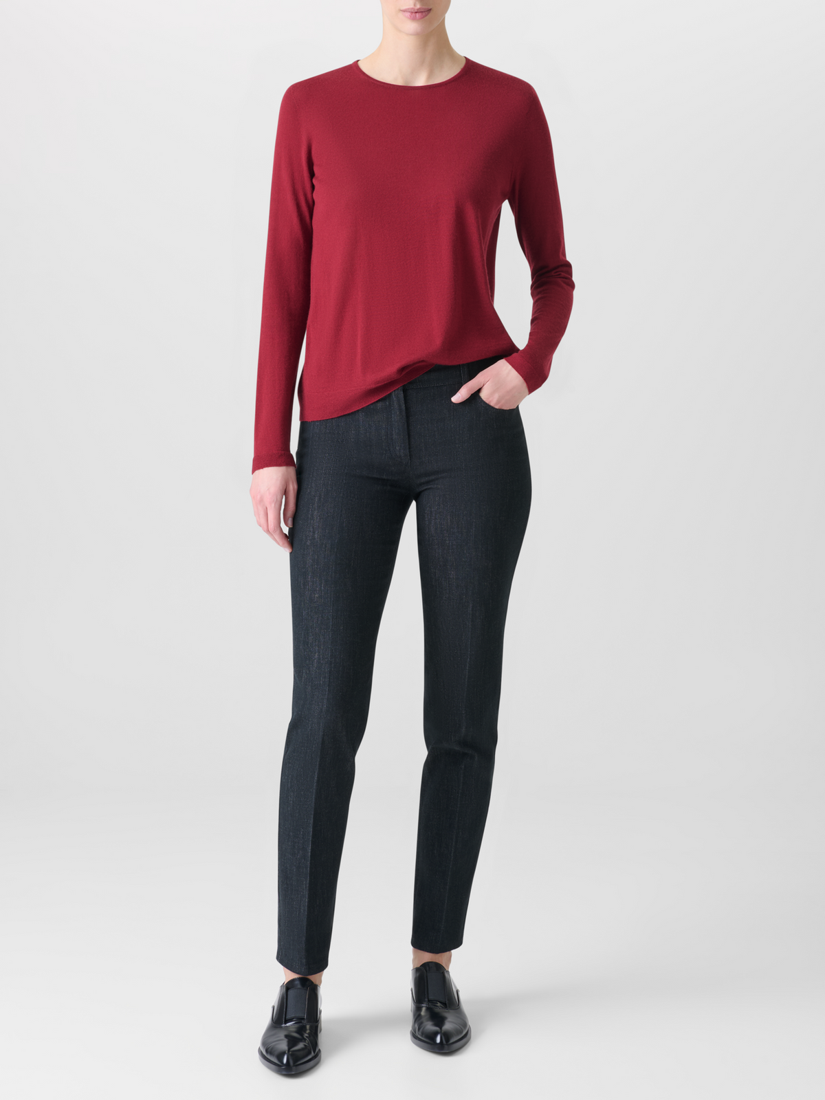 Designer Nahtloser Rundhals-Pullover aus Kaschmirseide - Weinrot - Rot 