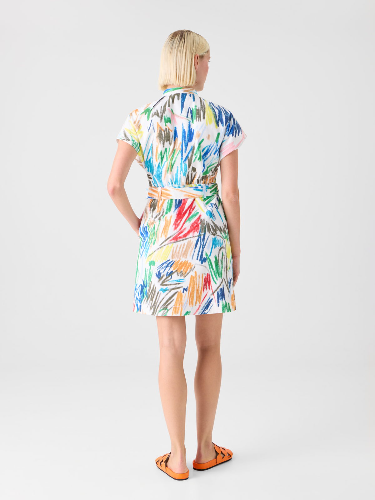 Designer Mini-Denimkleid mit Gürtel und Scribble-Druck - Bunt - Ecru