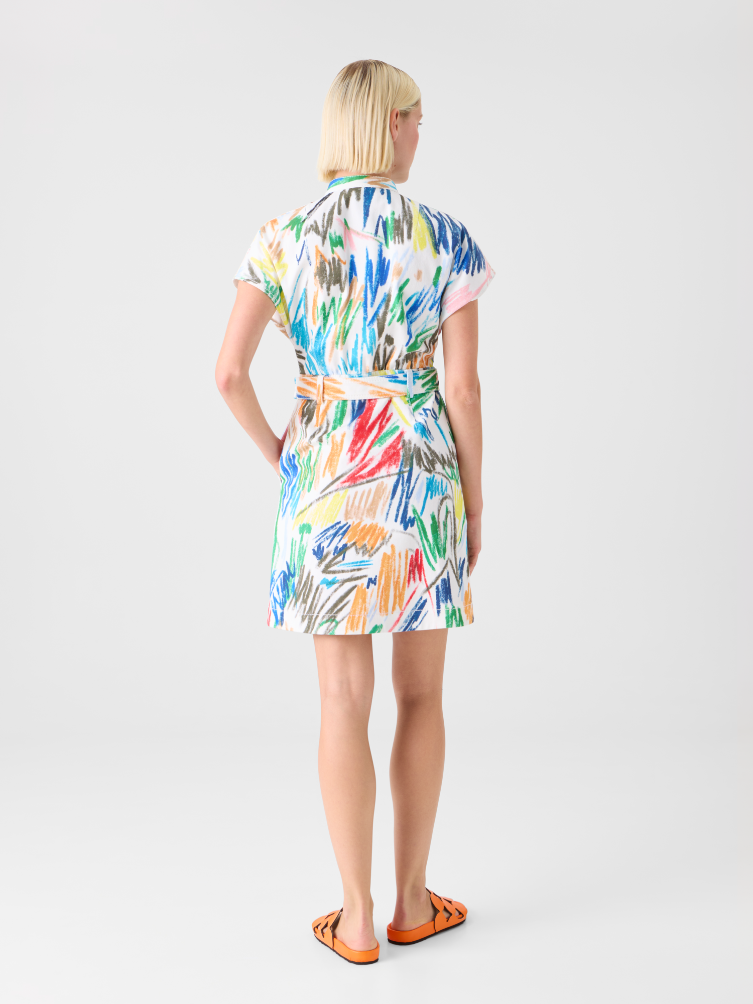 Designer Mini-Denimkleid mit Gürtel und Scribble-Druck - Bunt - Ecru