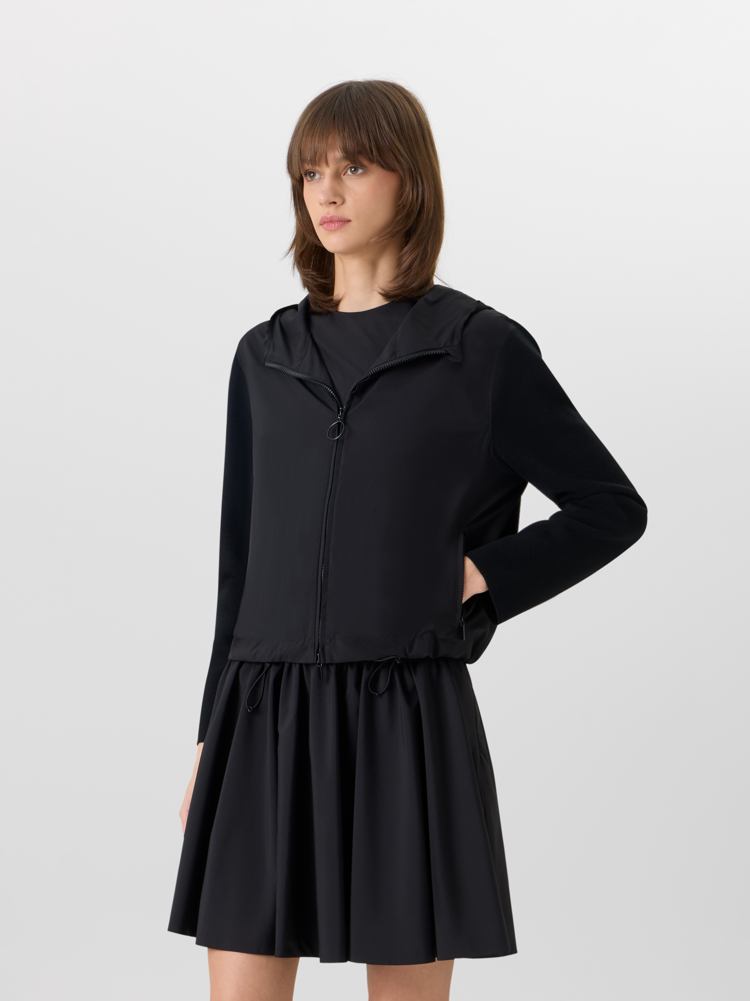 Designer Langärmelige Strickjacke aus Mixed-Media - Schwarz 