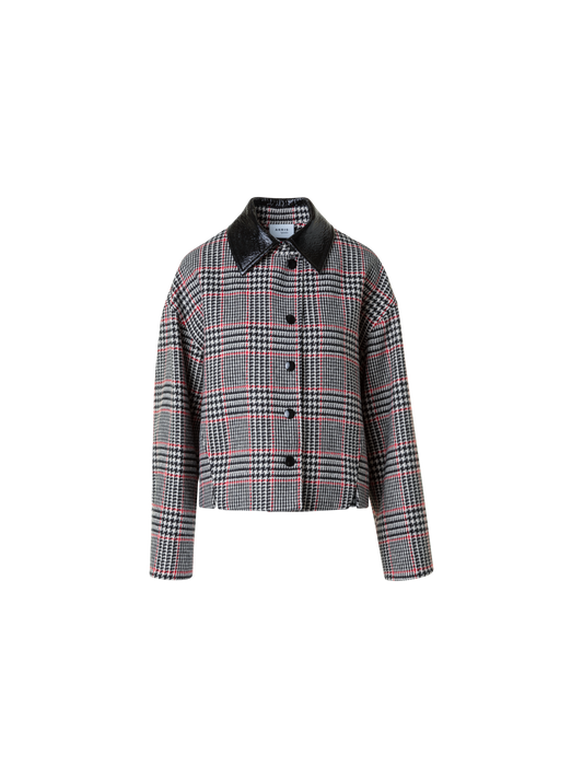 Designer Glencheck Tweed Jacke mit Imitat Leder Kragen - Schwarz - Bunt