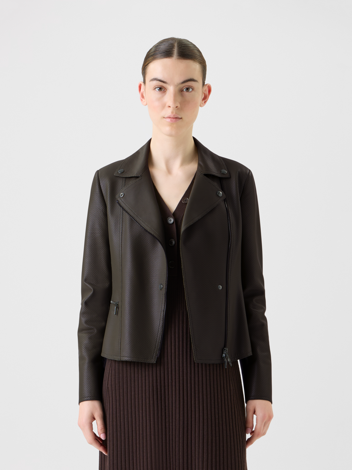 Designer Kurze Taillierte Leder Biker Jacke - Braun #editorial