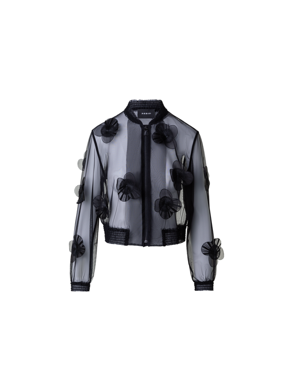 Designer Transparente Tüll-Bomberjacke mit Poppy Blumen - Schwarz