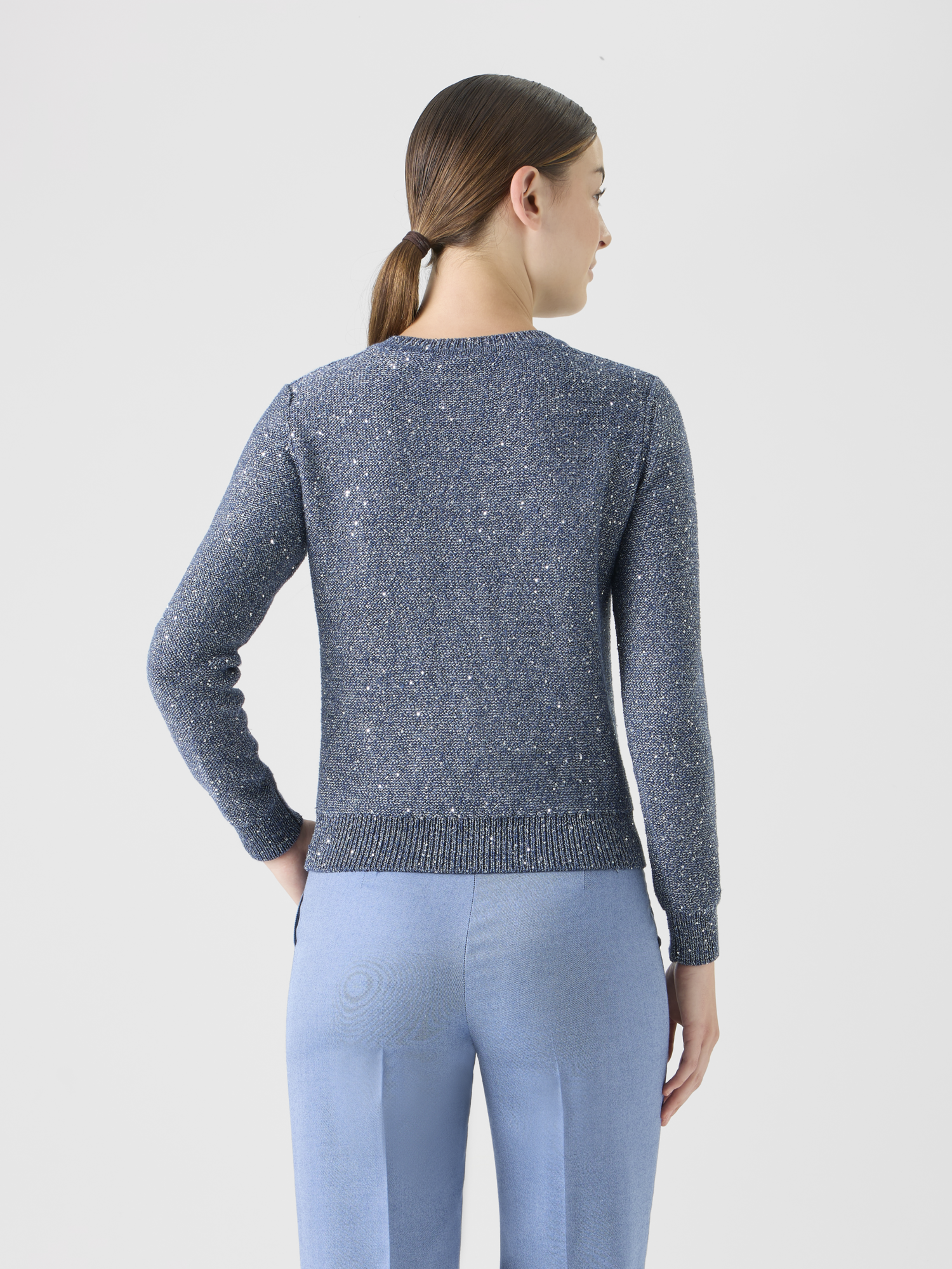 Designer Strickpullover aus Leinen-Baumwolle mit Mikropailletten - Blau 