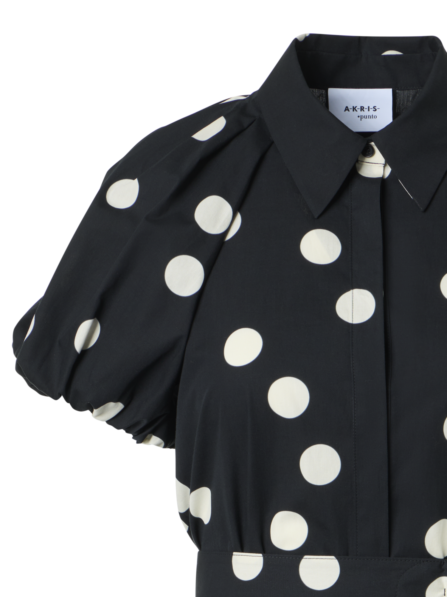 Designer Baumwoll-Hemdblusenkleid mit Puffärmeln und Polka-Dots - Schwarz