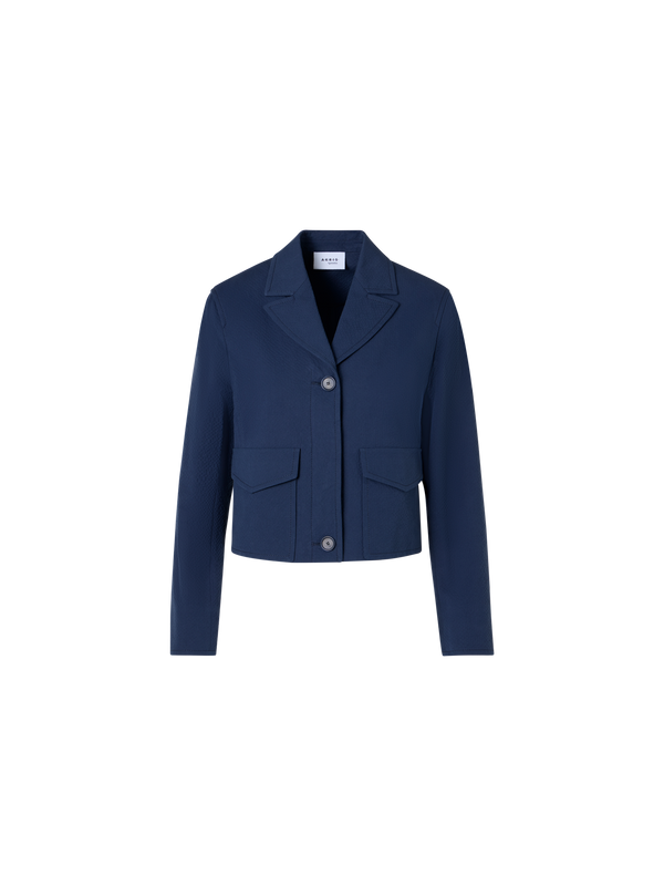 Designer Kastige Jacke aus Baumwoll-Stretch-Seersucker mit Revers - Dunkelblau - Blau