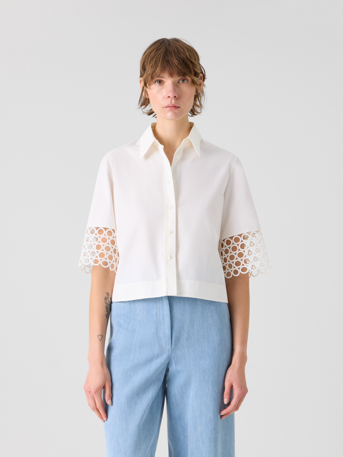 Designer Kastige Baumwollbluse mit Ösen-Guipure - Weiss #editorial