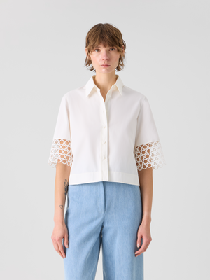 Designer Kastige Baumwollbluse mit Ösen-Guipure - Weiss #editorial